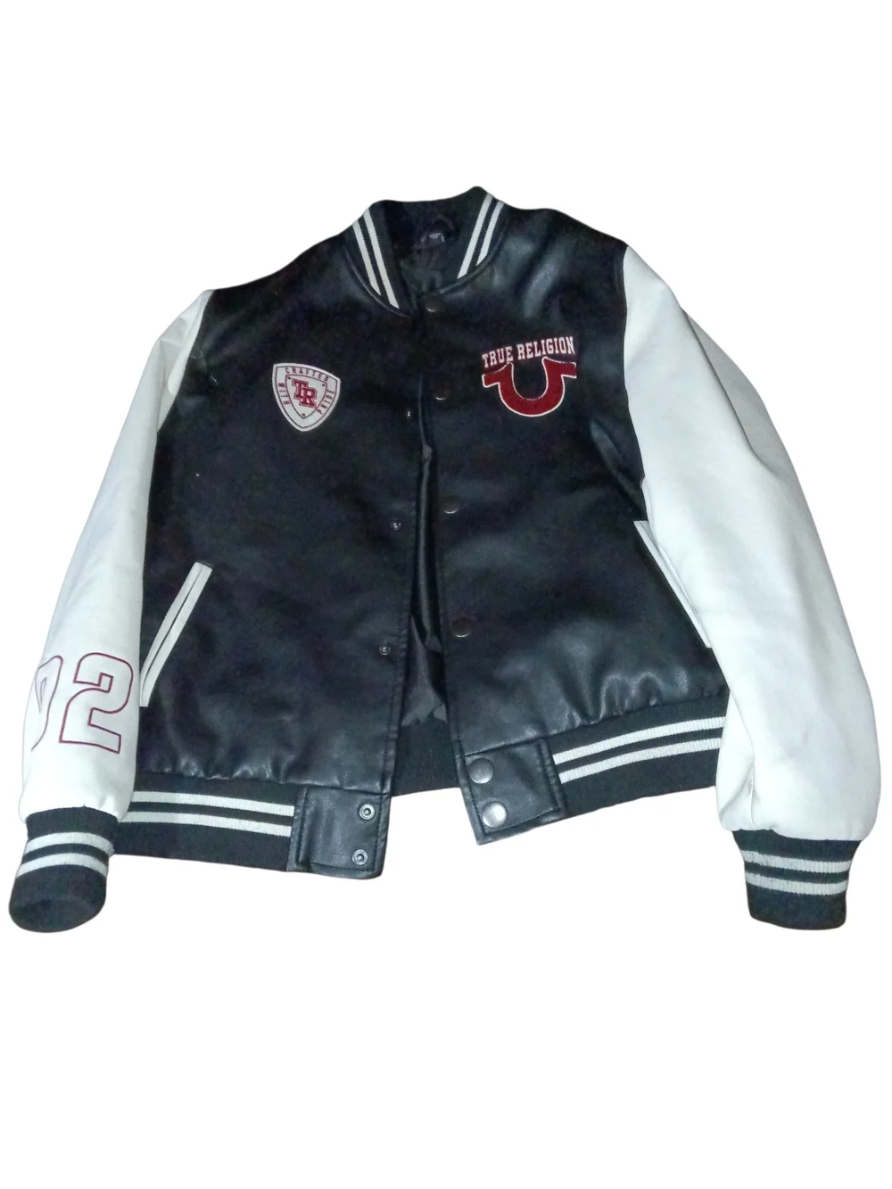 True Religion Black Body White Sleeve Varsity Jacket with Maroon Accents